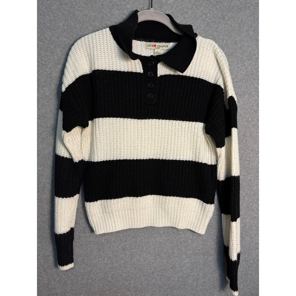 Love Change Italy Women's Rugby Stripe Collared Sweater Black White Knit M/L‎